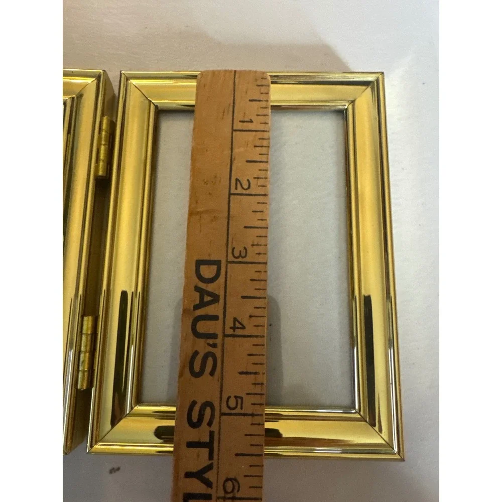 Vintage Gold Tone Hinged Double Picture Frame 3.5x5 Beveled Metal Tabletop Korea